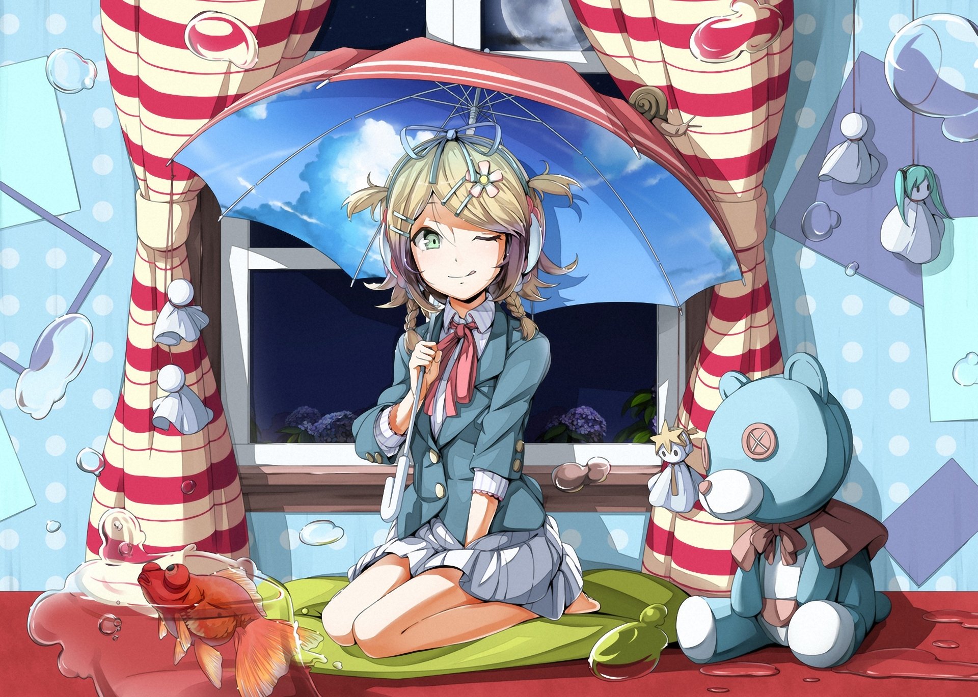 vocaloid kagamine rin fille chambre parapluie aquarium poisson or jouets langue écouteurs fleurs hortensia fenêtre eau