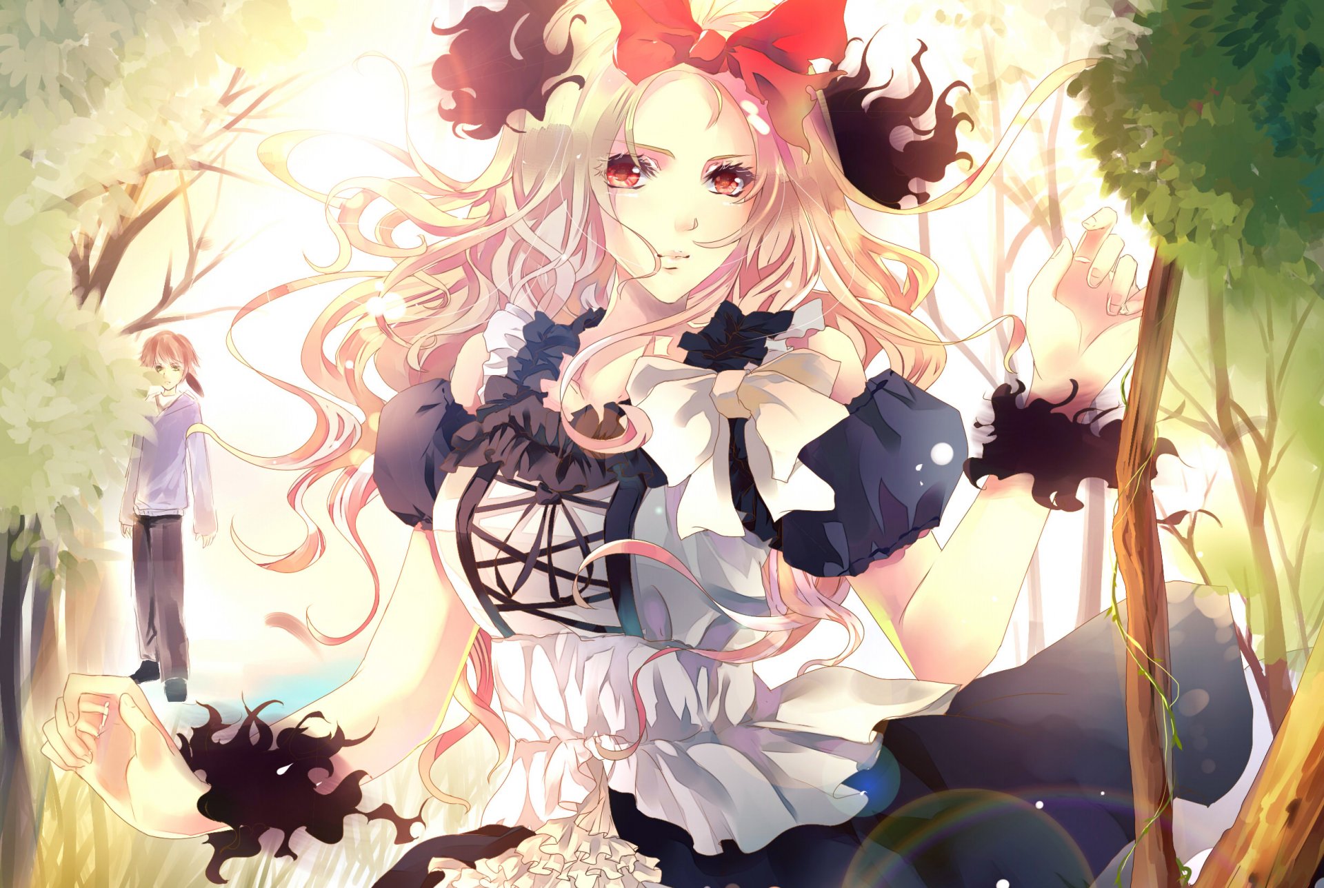 art aiki-ame girl blonde bow black flame red eyes forest guy