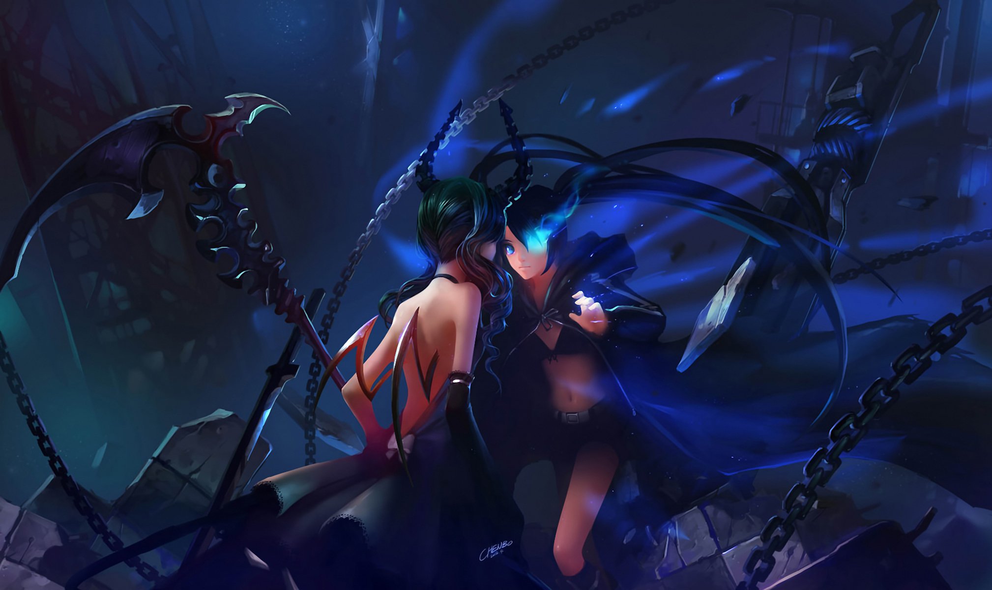 art chenbo black rock shooter maître mort kuroi mato bataille chaînes tresse arme éclats