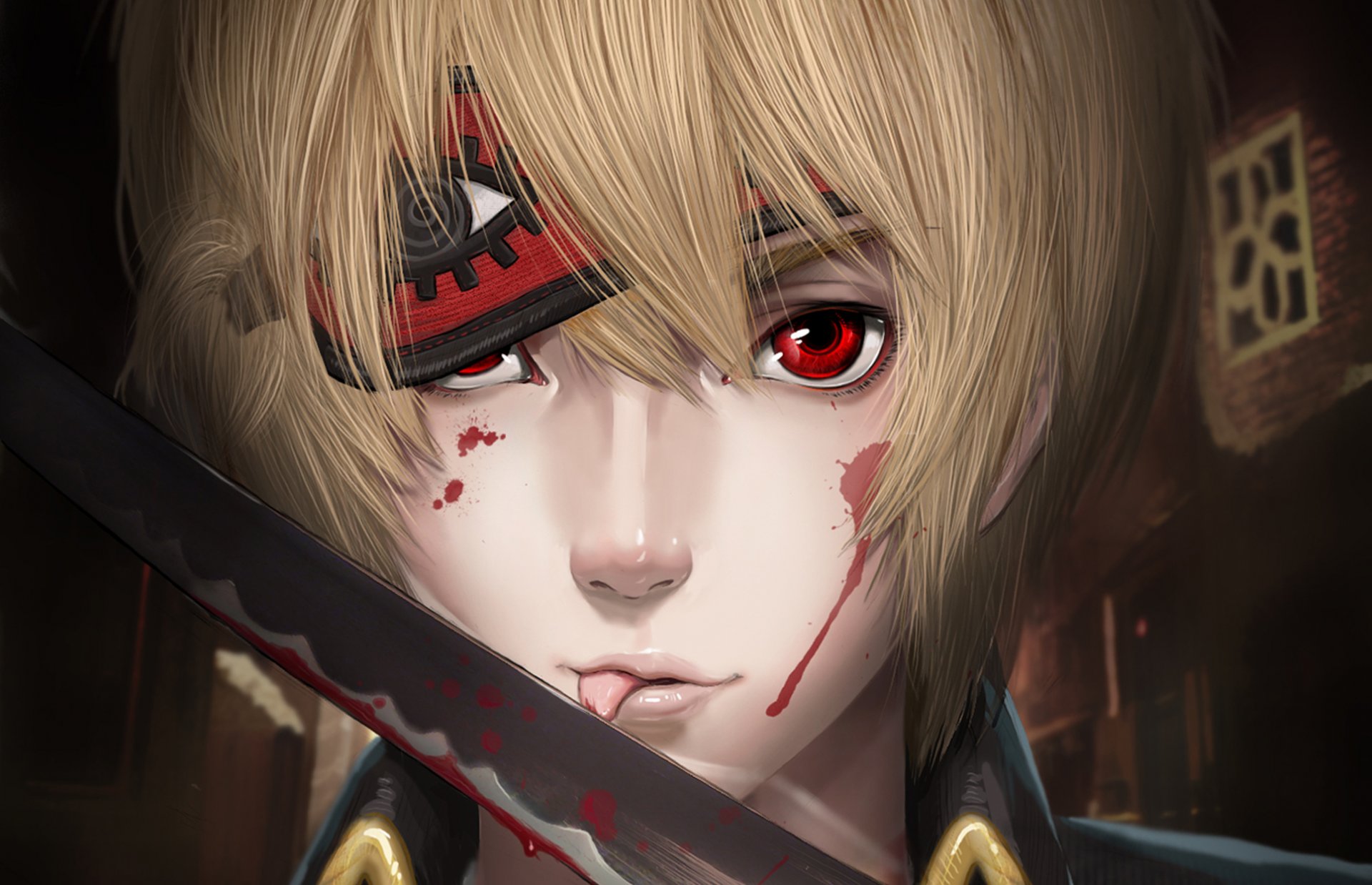 gintama okita sougo kerl schwert blut tropfen verband rote augen