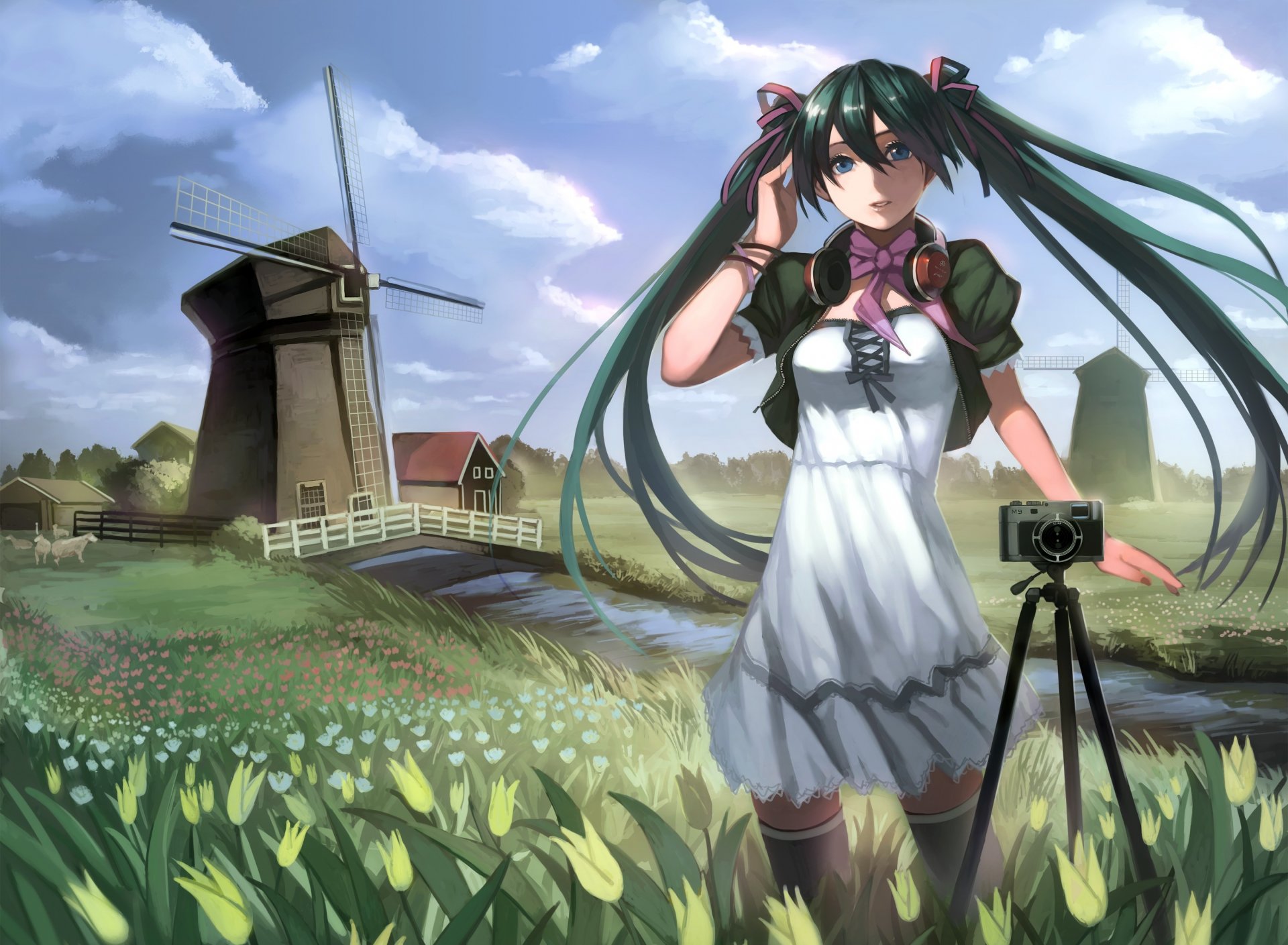 arte yykuaixian vocaloid vocaloid hatsune miku ragazza paesaggio cuffie fiori mulino a vento macchina fotografica tulipani fiume erba ponte vento vestito calze nuvole