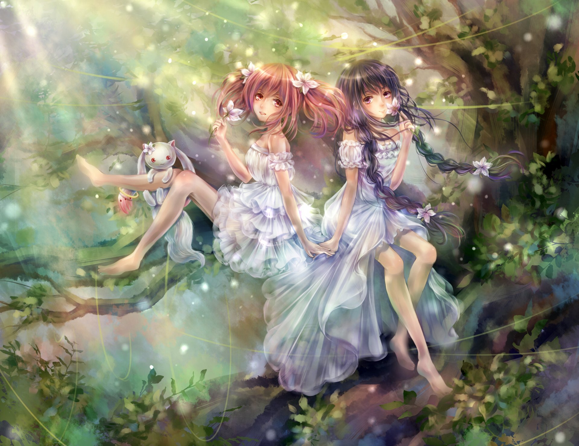 art tandolcedeco mahou shoujo madoka magica akemi homura kaname madoka kyuubee filles forêt fleurs petit animal