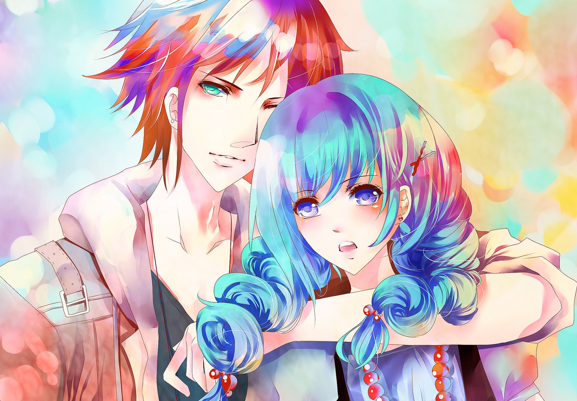 art aiki-ame the pair girl guy blue hair red bead