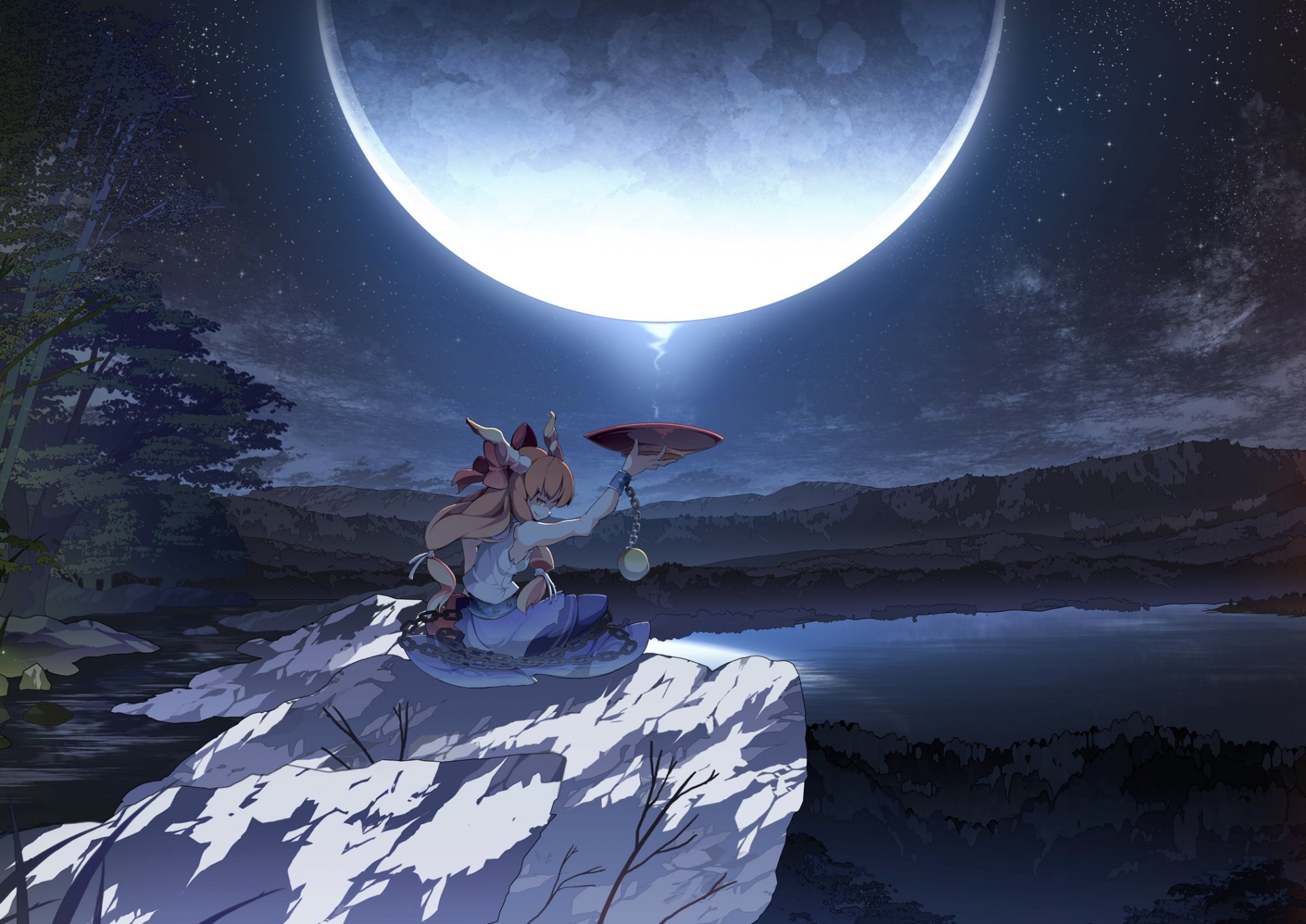 arte asakura masatoki touhou ibuki šuika luna noche cuenco chica bruja piedra lago bosque cadenas grilletes