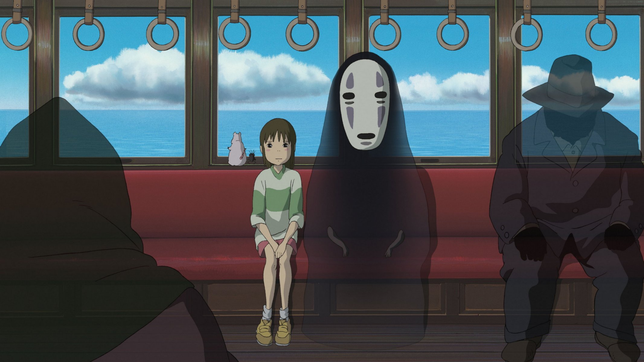 sztuka anime spirited away chihiro faceless bo dziewczyna pociąg pasażerowie zabrany ogino chihiro boo hayao miyazaki