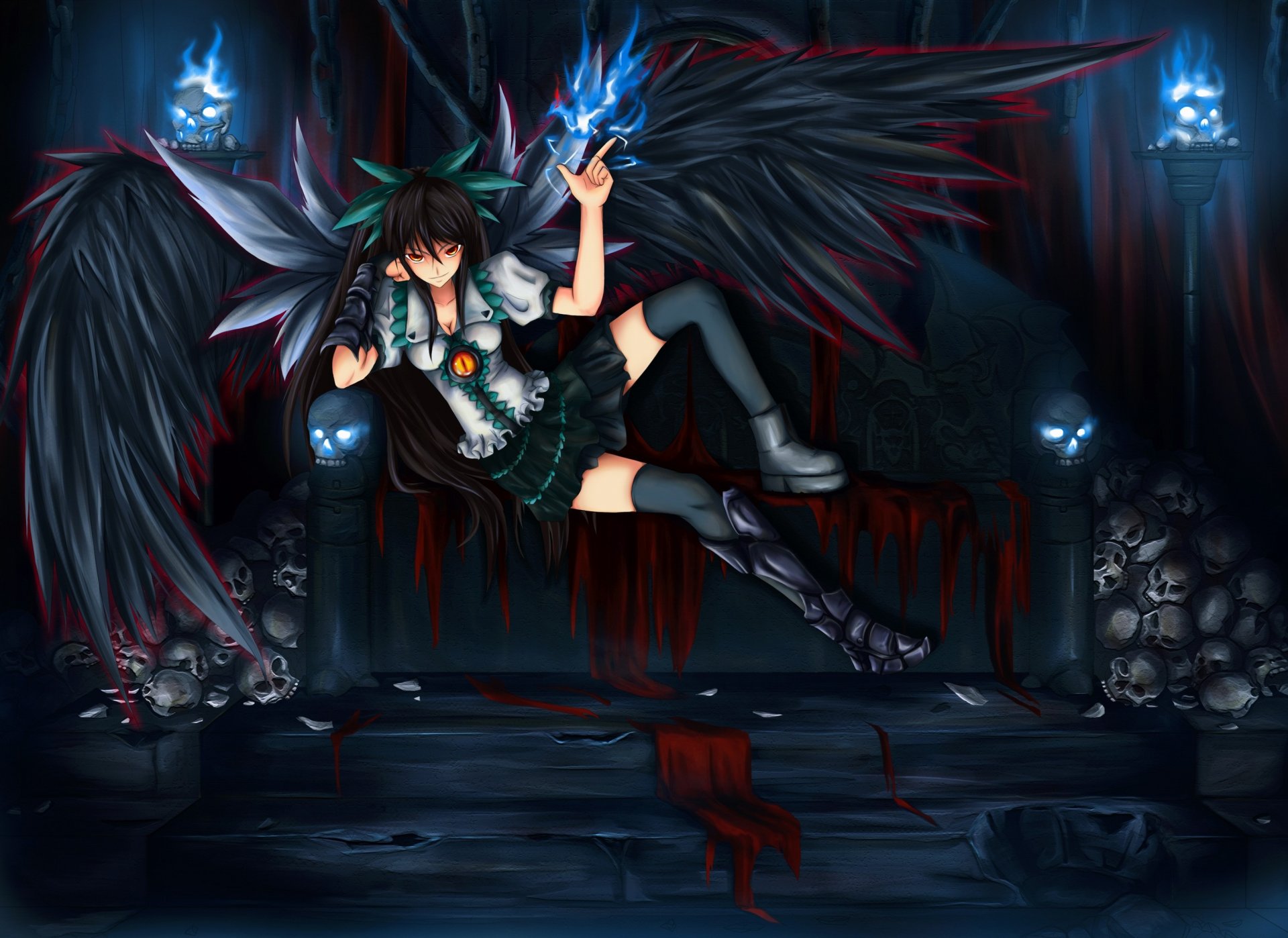 arte mostra posta touhou reiuji utsuho ragazza divano ali teschi demone magia occhio occhi rossi