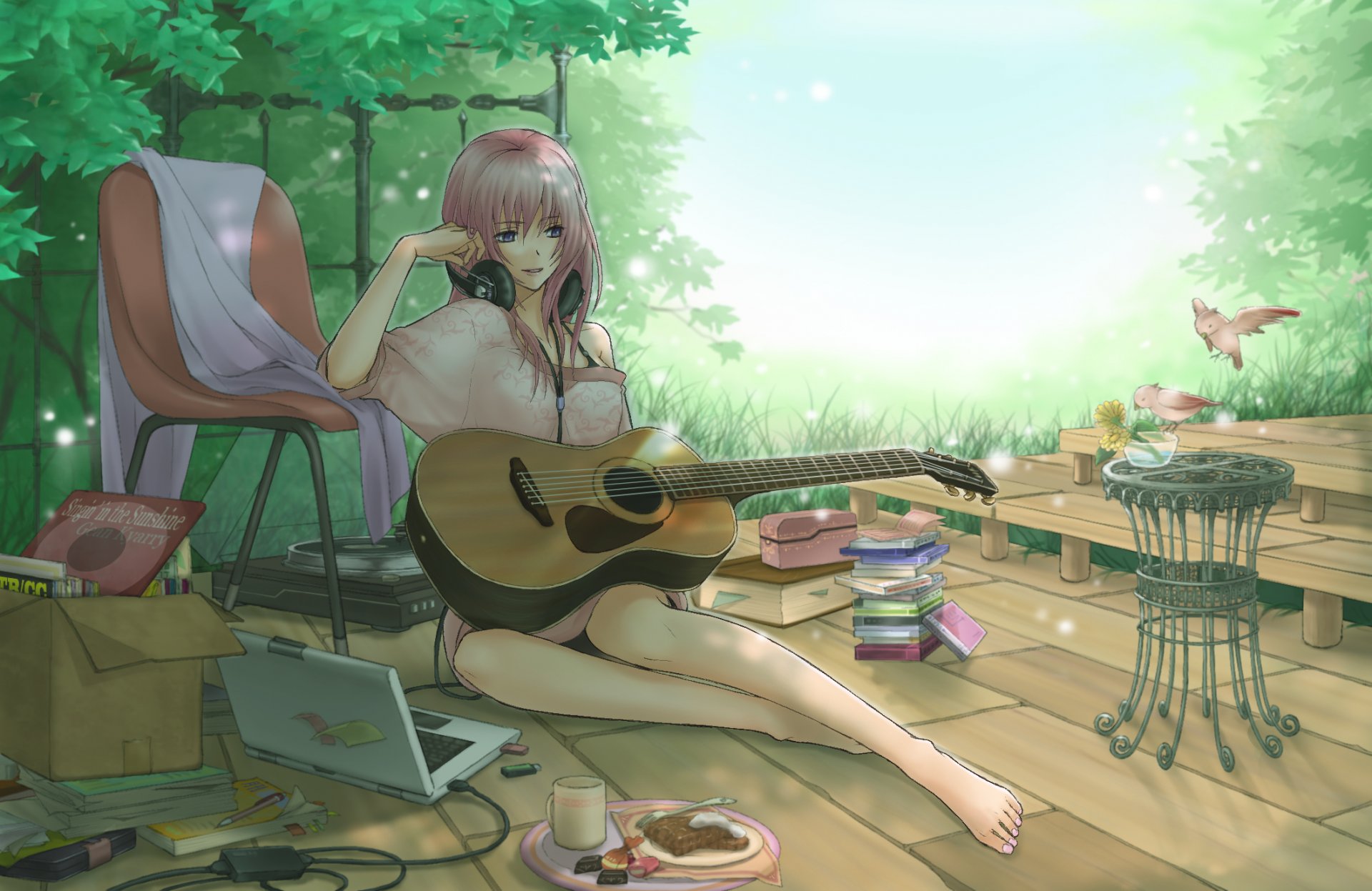 art shirano megurine luka vocaloid dziewczyna słuchawki gitara ptaki dyski laptop