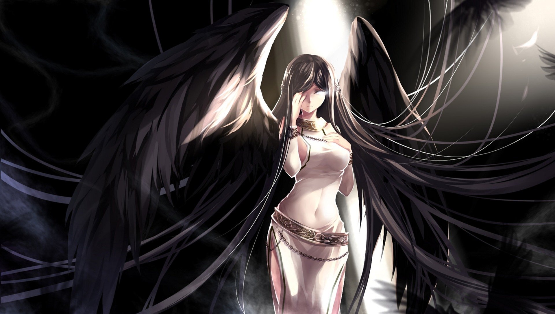 art skade mabinogi morrighan girl wings feathers black angel chain