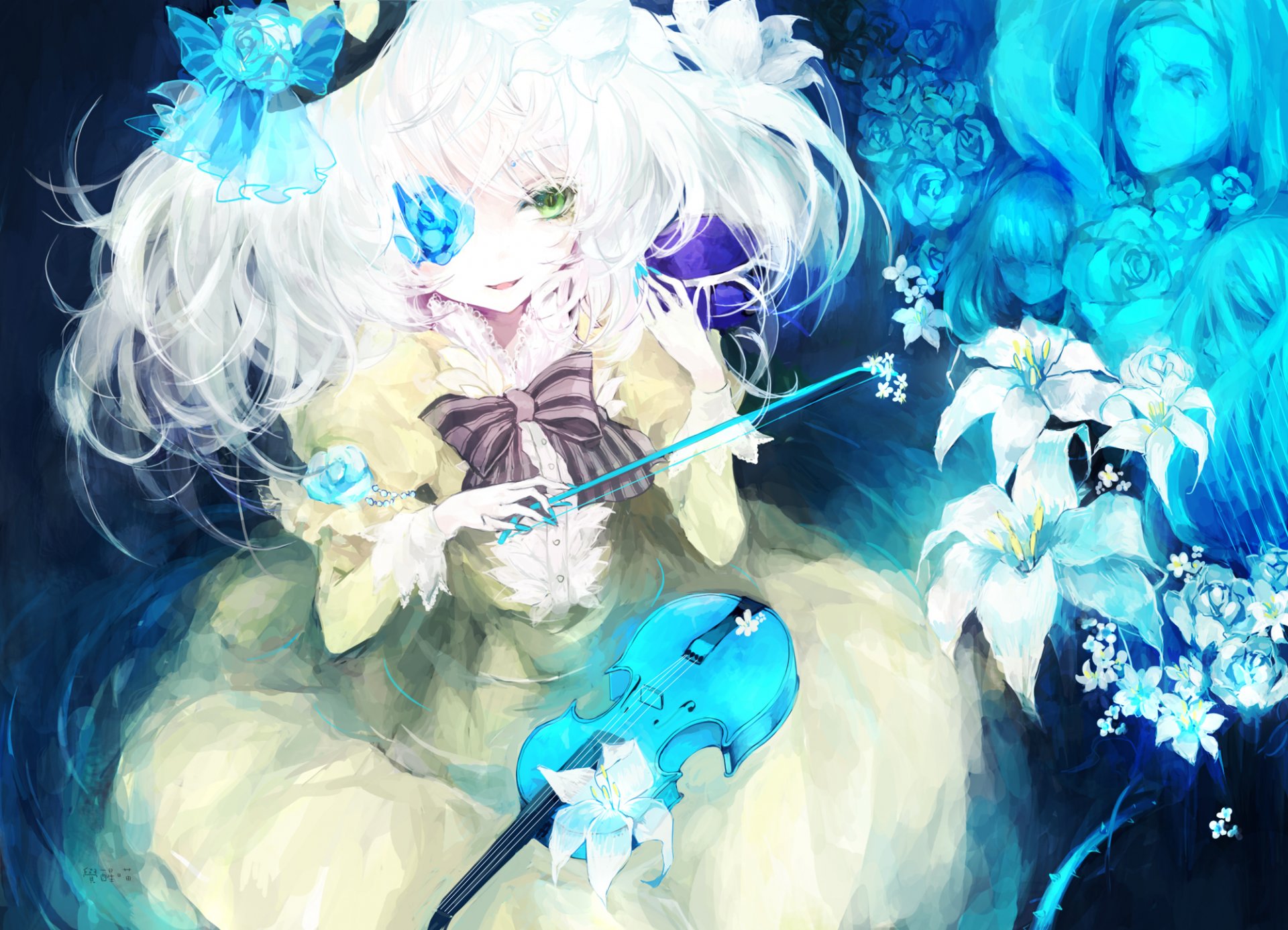 touhou komeiji koishi ragazza arco violino fiori gigli facce