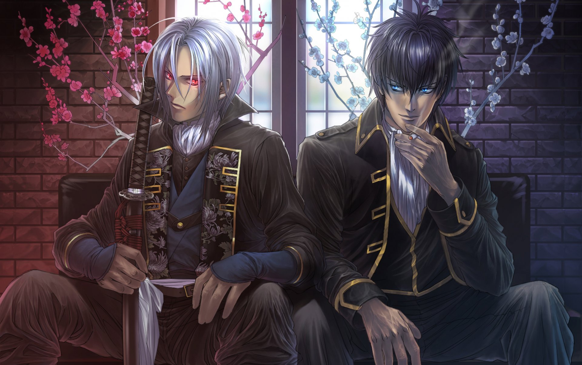 gintama hakuouki hijikata toshizou hijikata toushirou pale sakura demons gintama guys sitting flowers red eyes window cigarette smoke katana sword