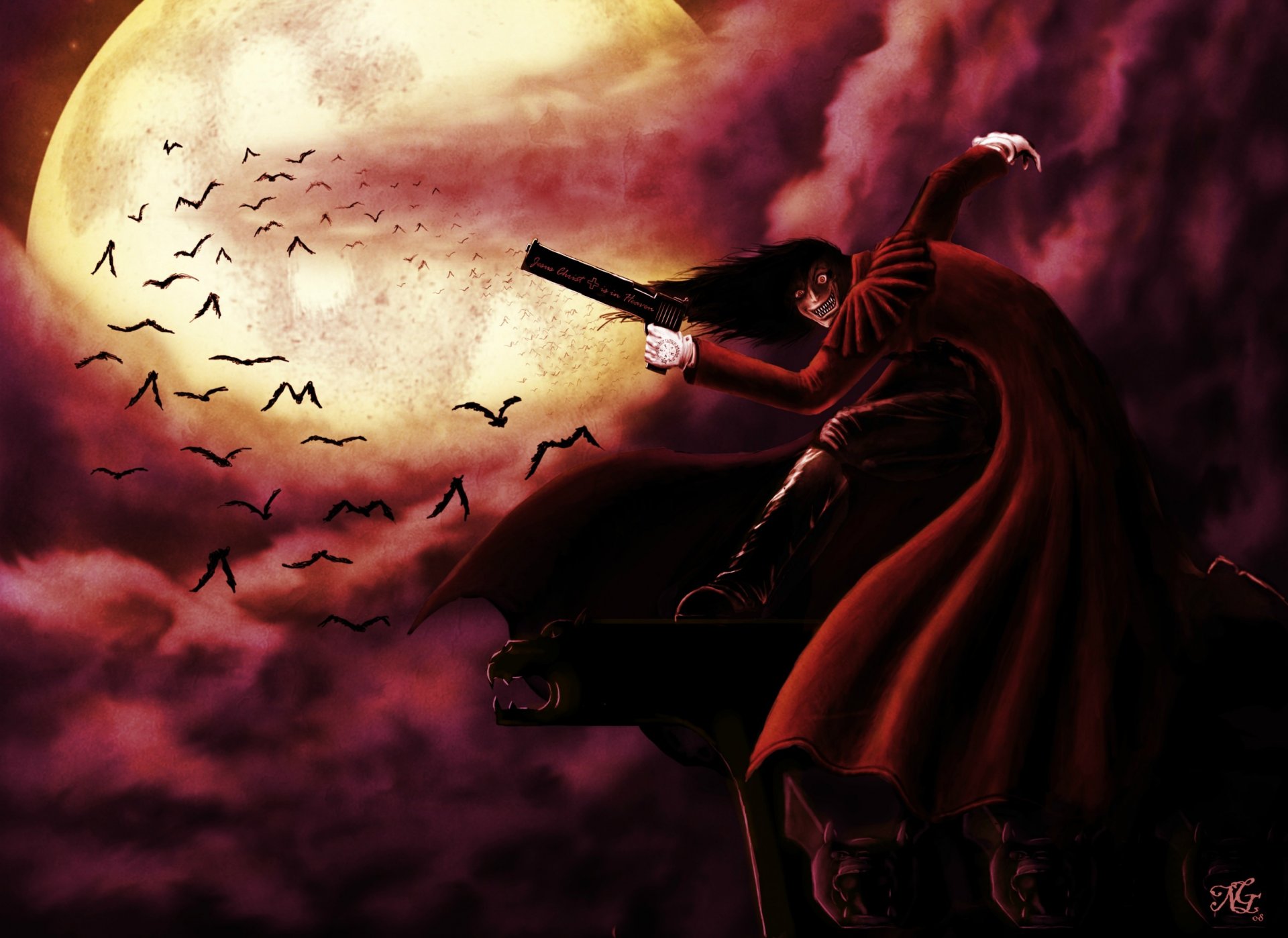 anime hellsing alucard vampiro demonio murciélagos nubes luna