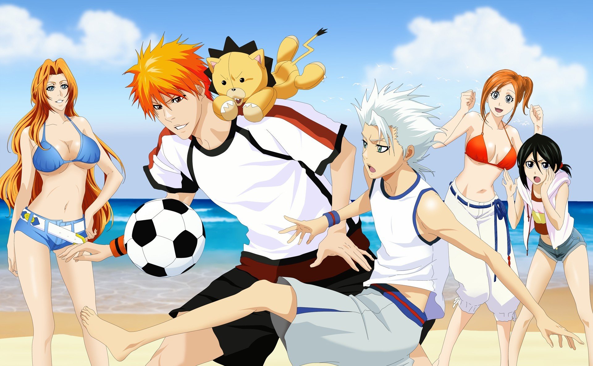 arte drlinux candeggina ichigo kurosaki kuchiki rukia inoue orihime hitsugaya toushirou matsumoto rangiku kon ragazze ragazzi spiaggia mare costume da bagno palla gioco calcio