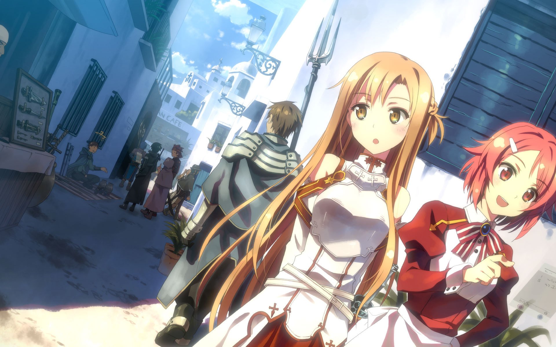 sword art online sao asuna lisbeth sword master online miasto rycerz broń rapier kupcy dziewczyny uśmiech yuki tatsuya