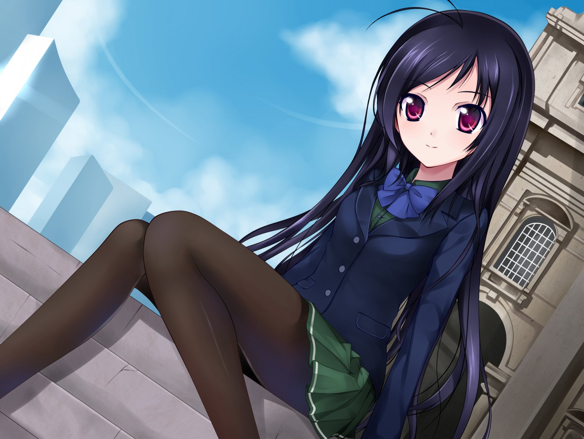 accel world kuro yuki qiuzhi huiyi mädchen sitzend uniform schulmädchen gebäude