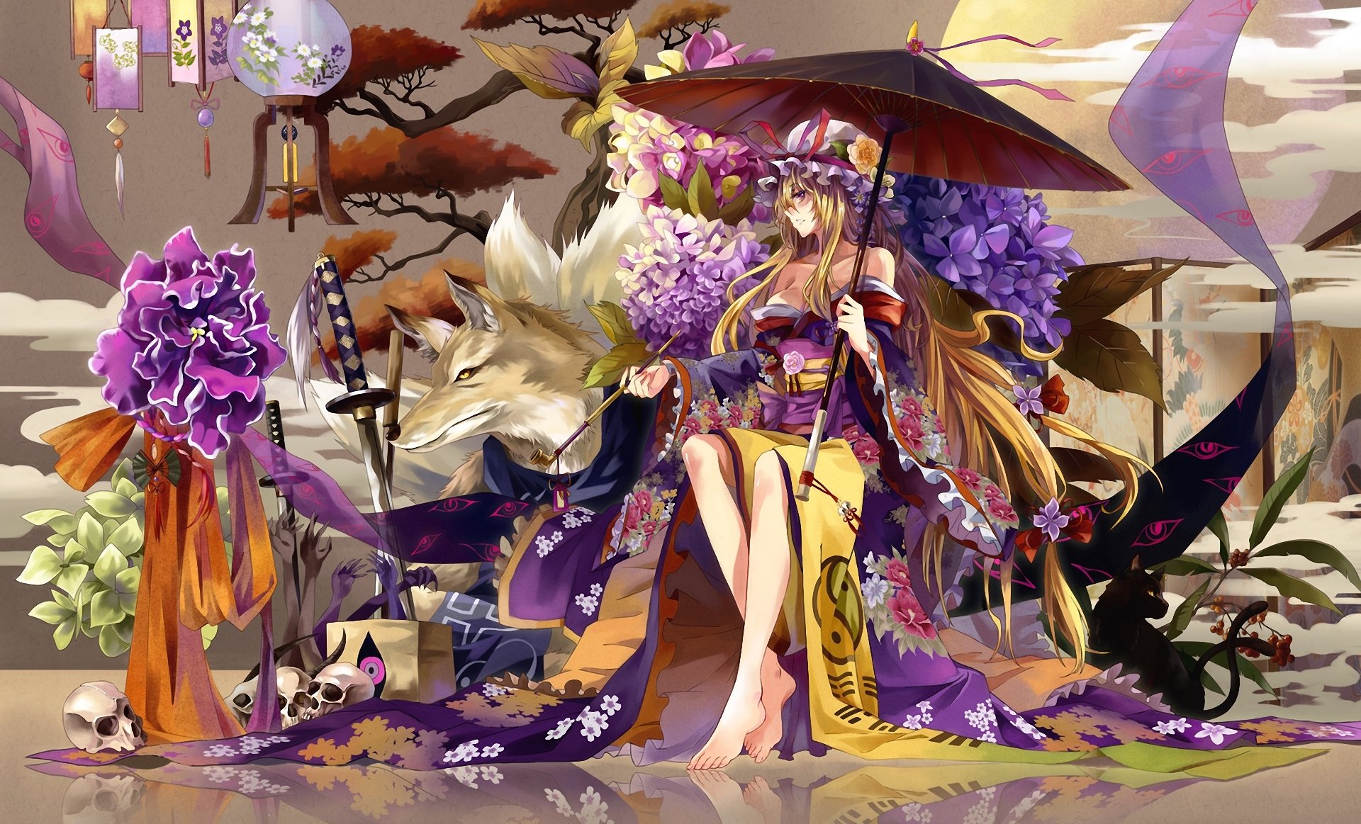 touhou yakumo yukari yakumo ran chen chica lobo paraguas kimono cráneo flores linternas espada katana hortensia tubo árbol