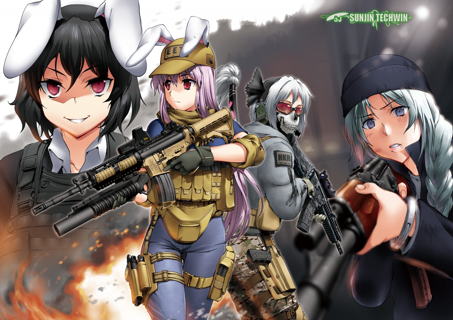 art byeontae jagga call of duty touhou inaba tewi compak ihm reisen udongein inaba yagokoro eirin mädchen waffen uniform brille ohren