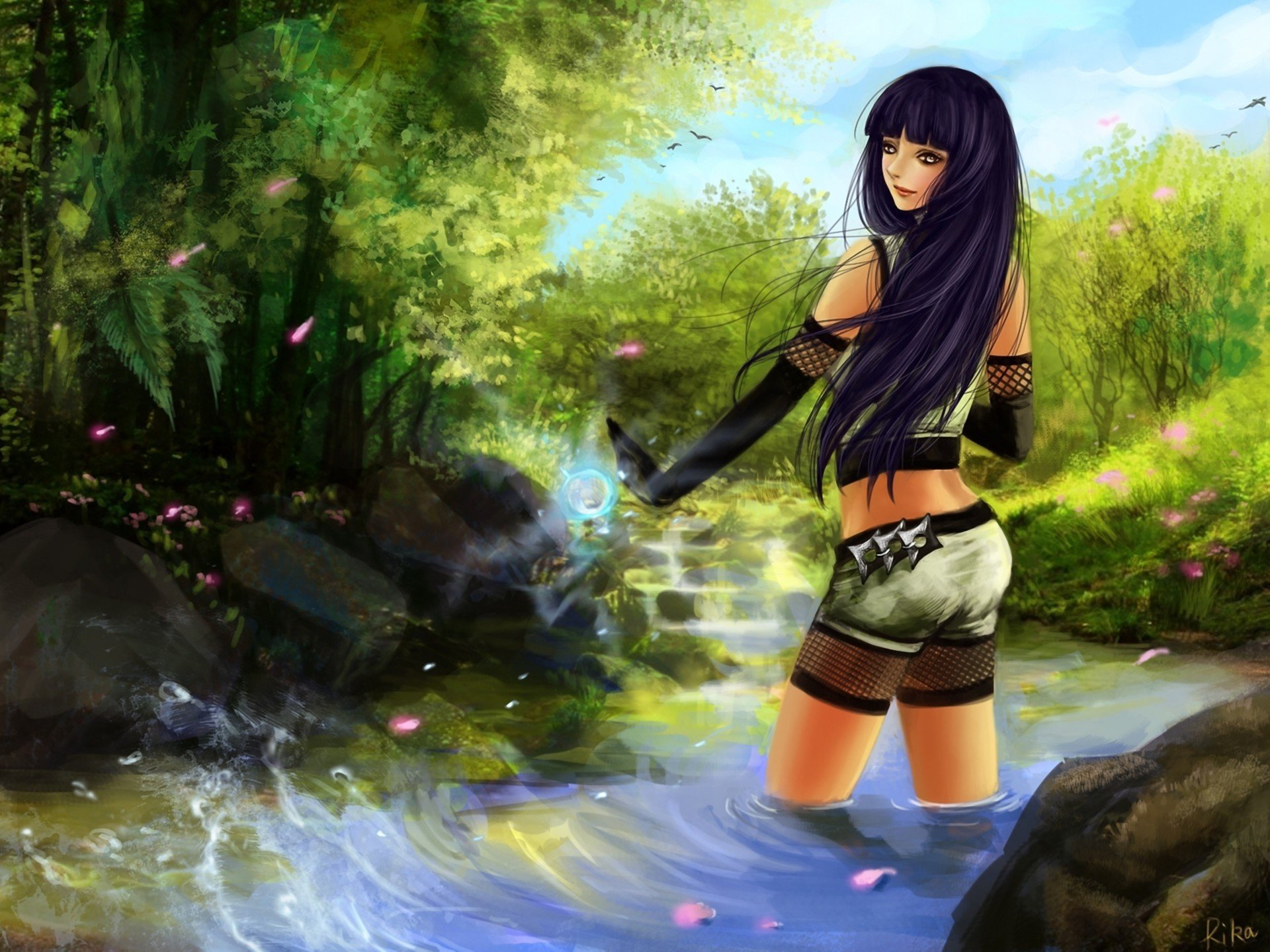 art rikamello naruto hyuga hinata girl river petals stones forest magic water