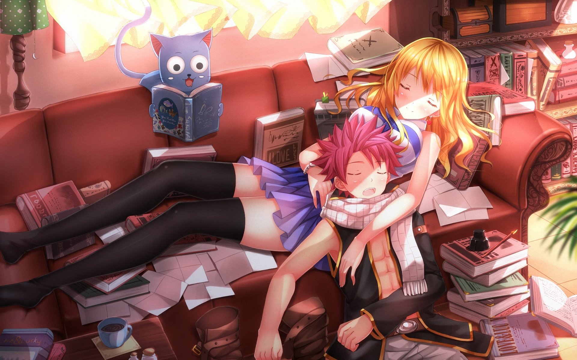 kunst swordsouls märchen glücklich lucy heartfilia natsu dragneel kerl mädchen katze sofa schlafen schlafen bücher