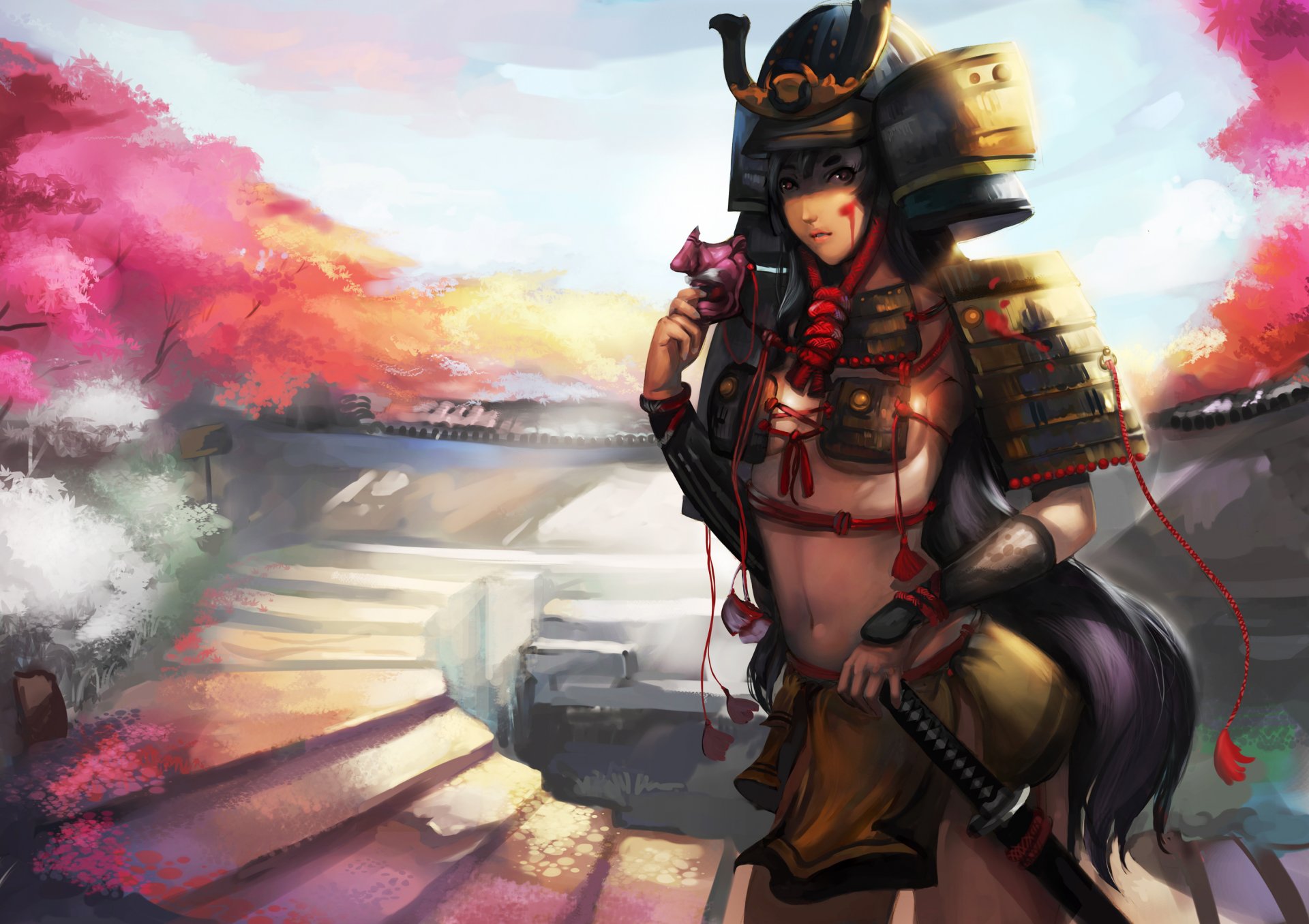 chica samurai armadura espada máscara pintura