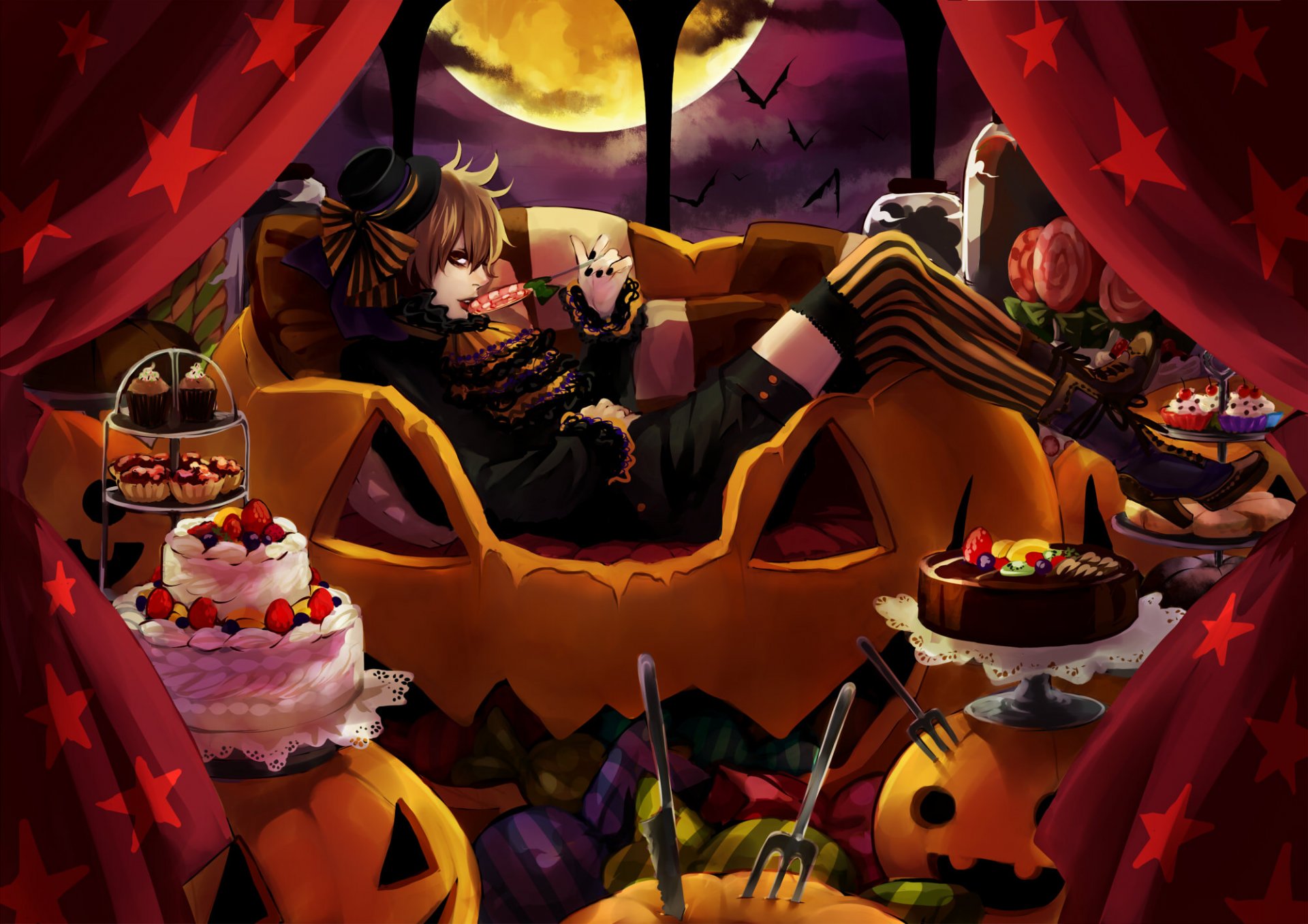 art kuro chiikawa girl halloween pumpkin cake lollipop sweet sofa plug curtains night moon