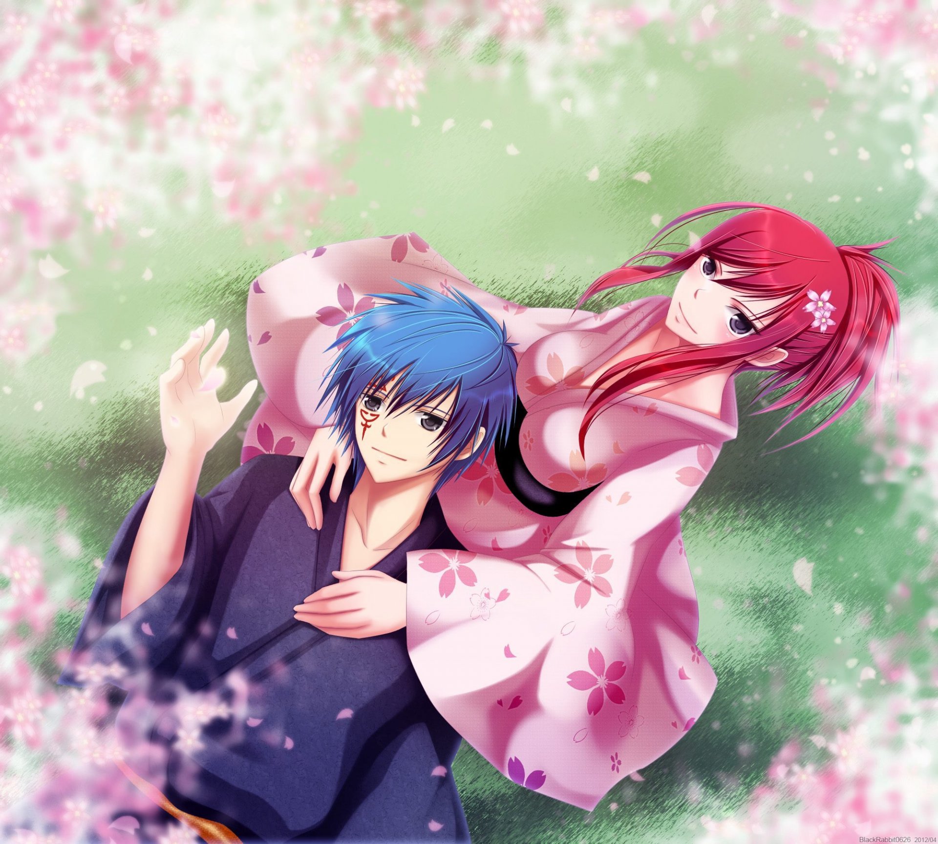 anime fiaba erza scarlet jellal fernandez fairy tail tale fidanzato ragazza sakura petali natura kimono