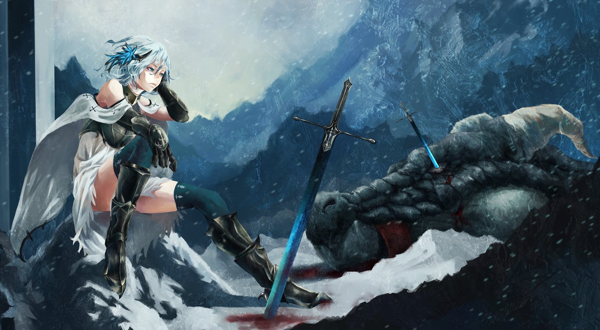 art akaikitsune girl sword weapon dragon monster snow