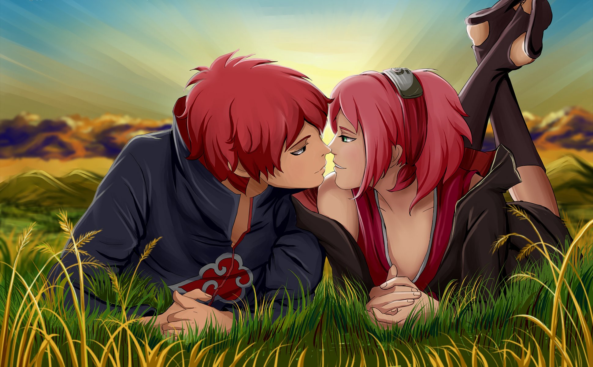 art akina686 naruto sakura haruno akasuna pas sasori ninja bandeau cheveux roses gars fille coucher de soleil herbe