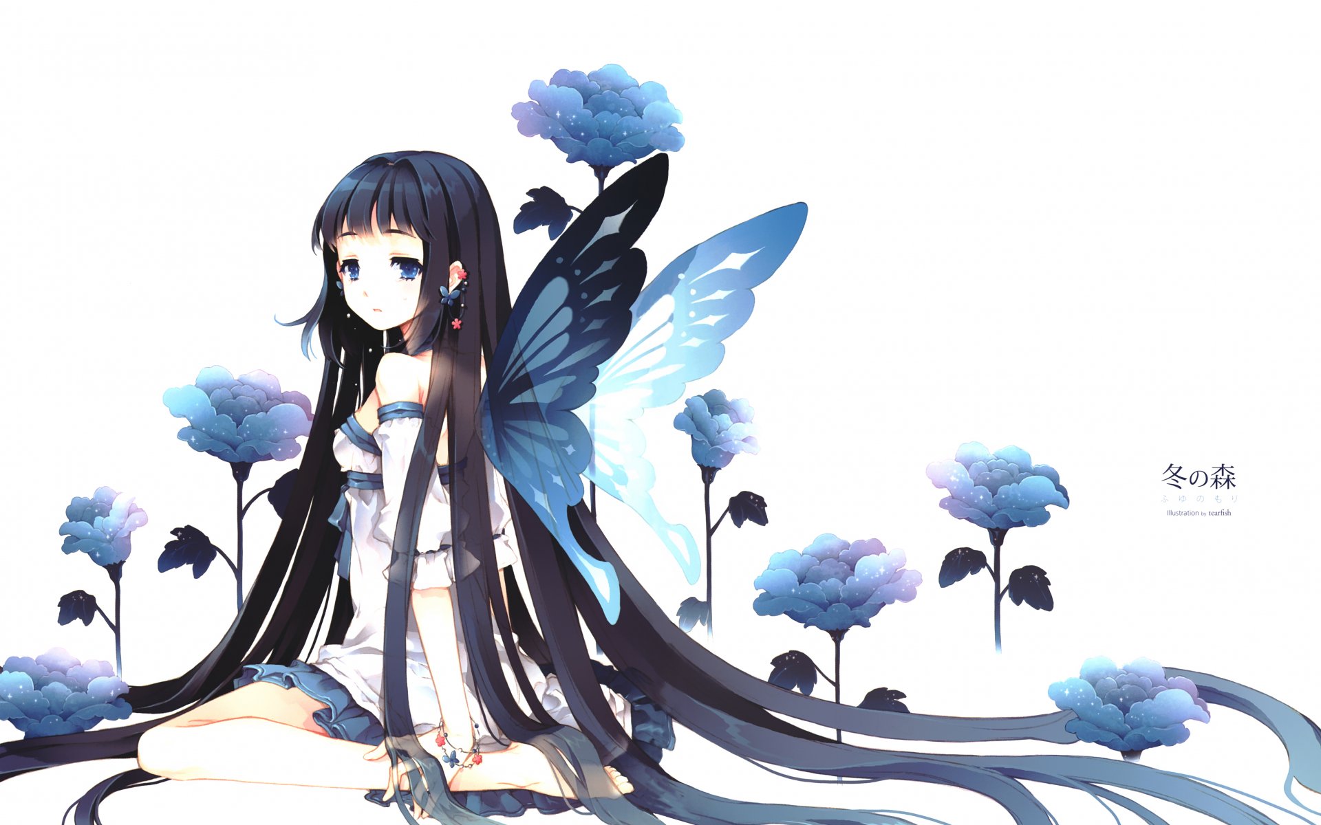 girl butterfly blue flower brunette long hair