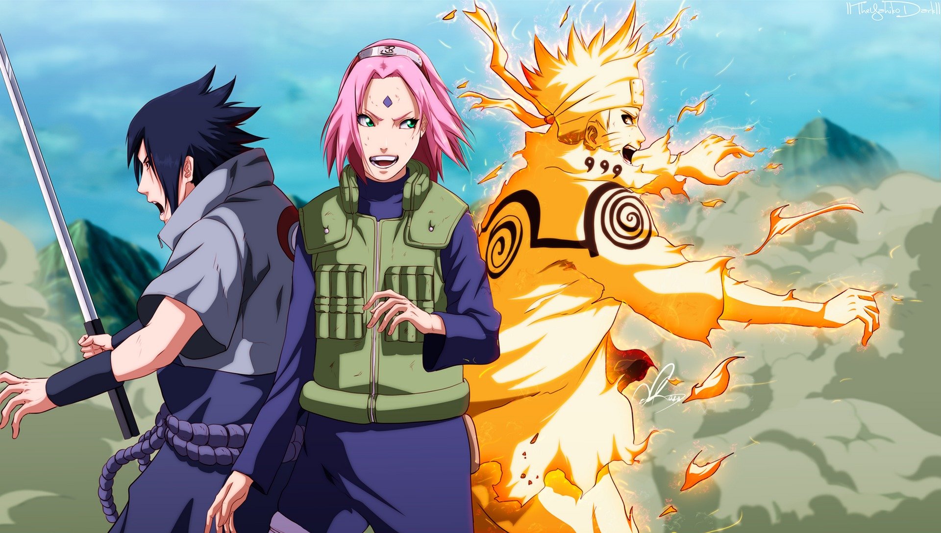 art anime naruto uzumaki naruto sasuke fille haruno sakura katana arme magie rayures