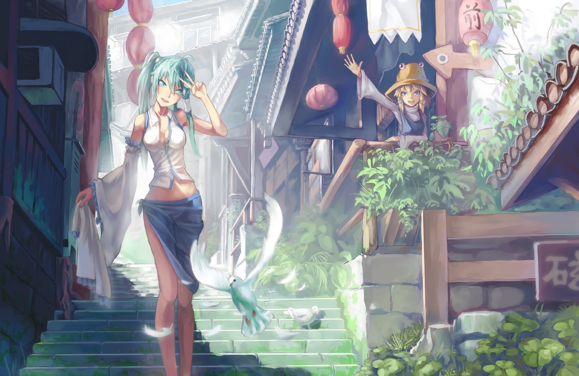 touhou moria suwako kochiya sanae niñas saludo gestos calle pájaros vegetación