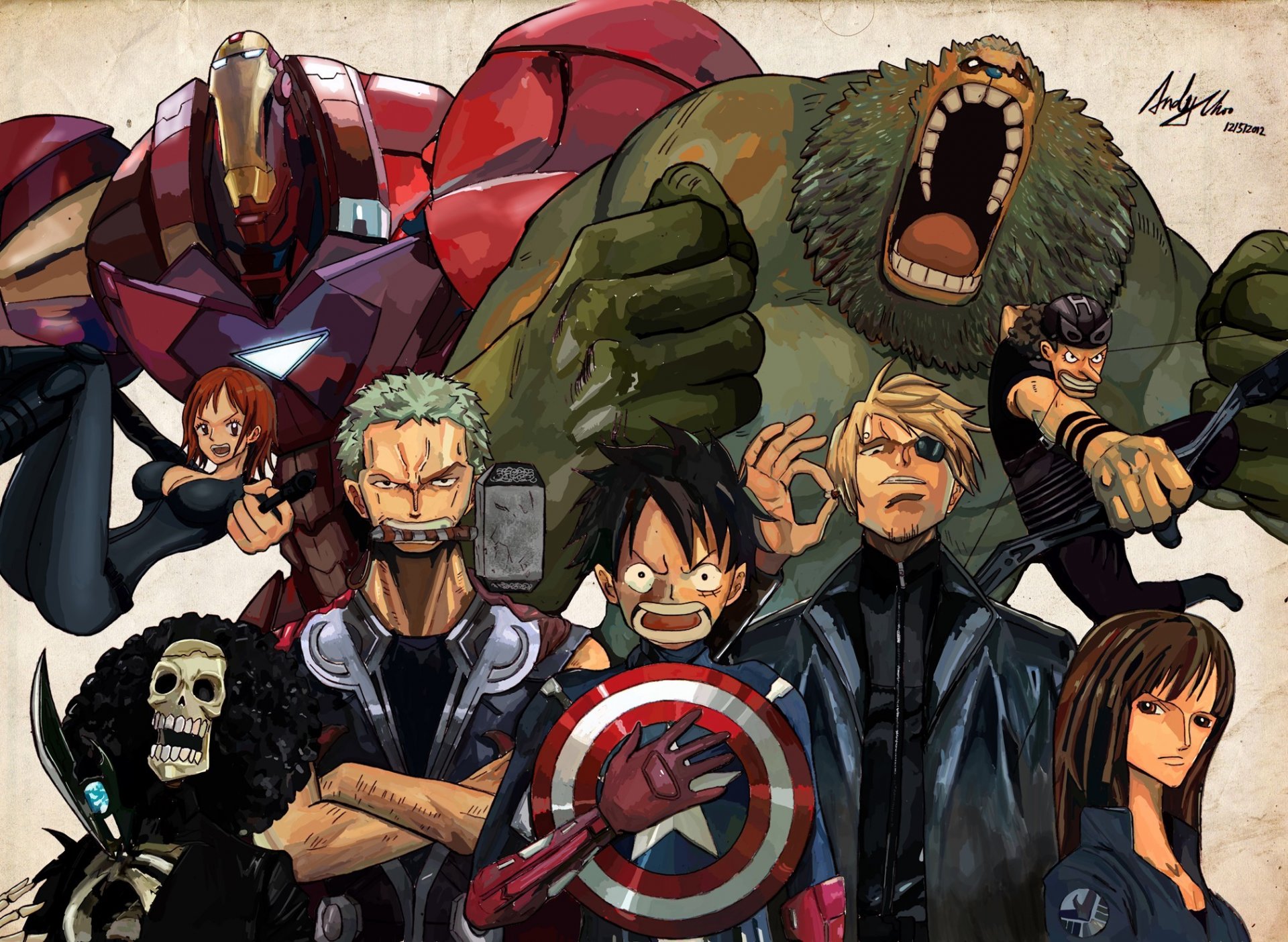 jeden kawałek mugiwary avengers hulk iron man kapitan ameryka thor loki luffy piraci tarcza