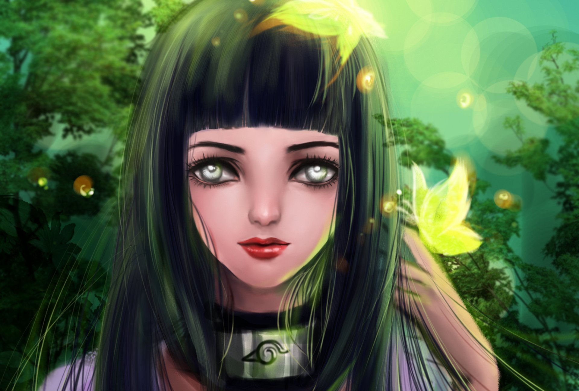 naruto hyuga hinata arte rikamello ragazza farfalle alberi byakugan