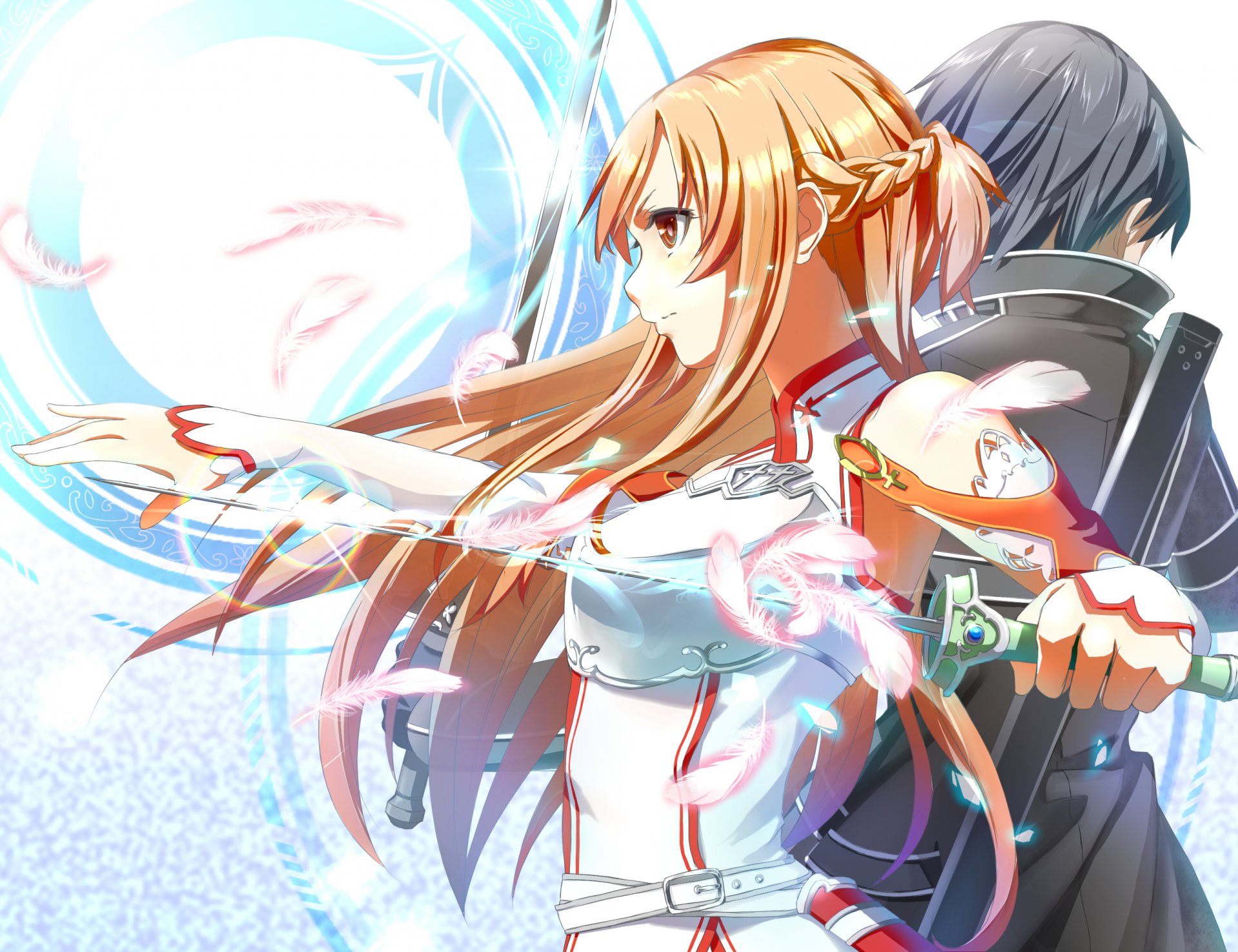 épée art en ligne asuna yuki art kirito kirigaya kazuto cheveux noirs tresses plume gants cheveux longs cheveux orange yeux rouges cheveux courts épée