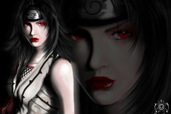 Red eyes and lips of an anime girl