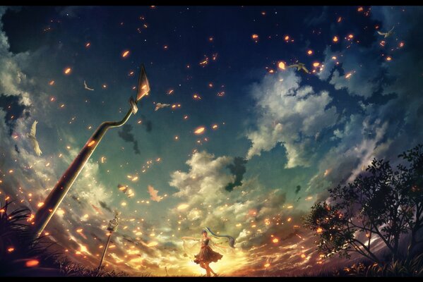 A girl against the background of a shining sky