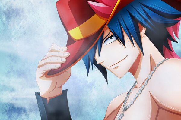 Anime character from a fairy tale with a picture of a guy in a hat