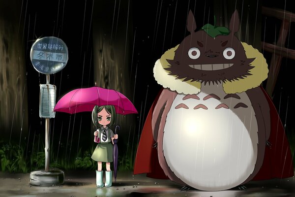 Totoro und das Mädchen mit einem rosa Regenschirm