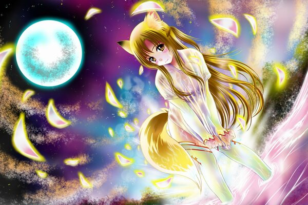 Anime girl fox on a night background