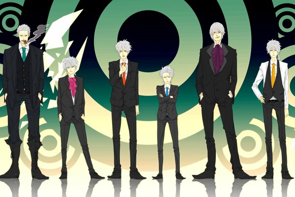 Anime Helden stehen in schwarzen Anzügen in einer Reihe