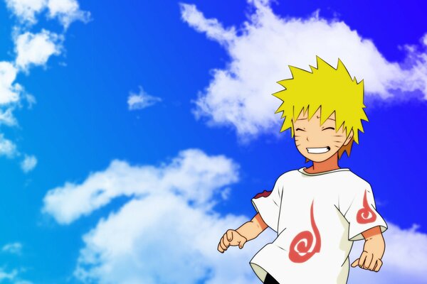 Naruto: Lächelnder Junge vor dem Hintergrund von Wolken und blauem Himmel