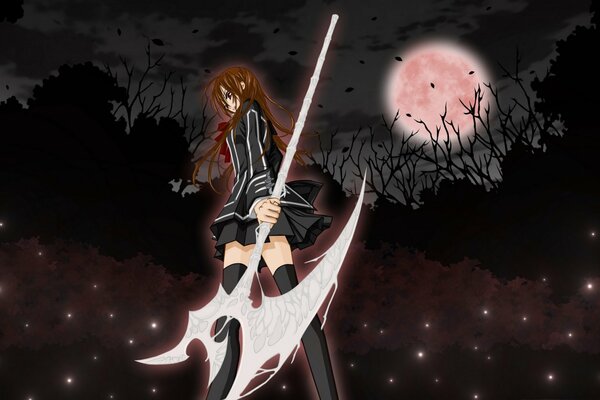 Anime girl on the background of the Moon with a scythe