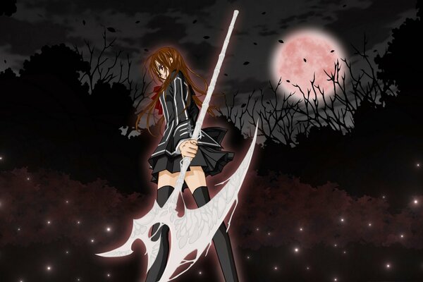 Anime dziewczyna na tle księżyca z kosą