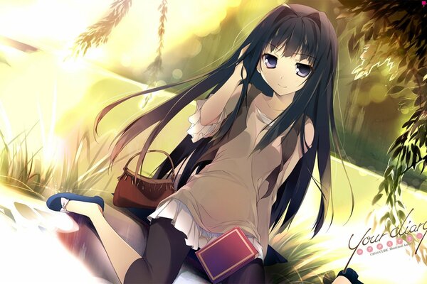 Anime, dziewczyna na łonie natury odpoczywa