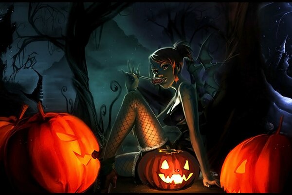 Sexy witch on a halloween with pumpkins