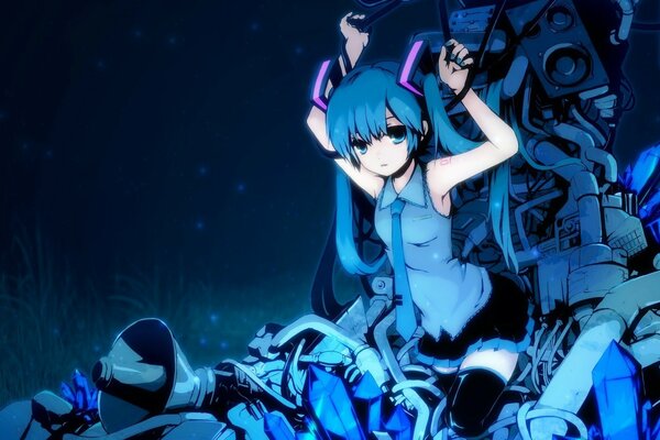 Hatsune miku is sitting in a scrap metal