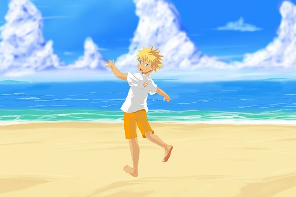 Anime boy am Strand blickt zurück