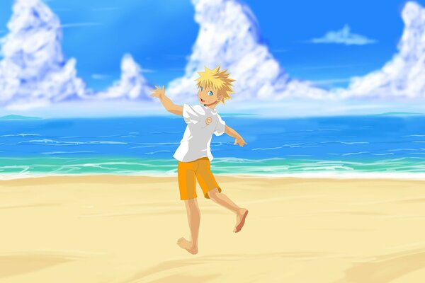 Anime chłopiec na plaży spogląda wstecz