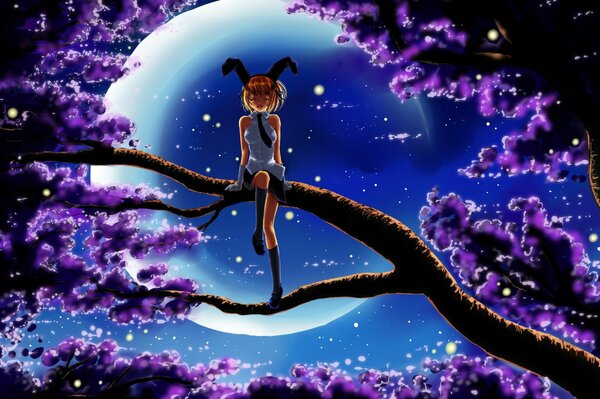 Art de la jeune fille sur une branche dans la nuit sur fond de lune