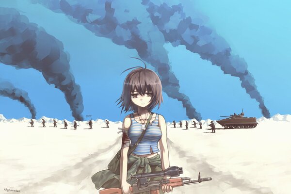 Девушка в военной форме с автоматом на войне
