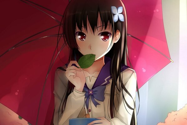 A girl with an umbrella chews a leaf